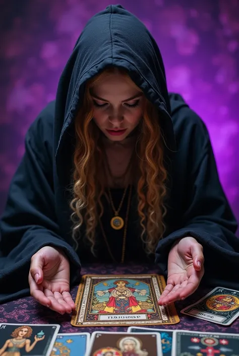 Hooded gypsy , curly golden hair ,  brown eyes , thick body,  dressed in black with violet , reading the tarot cards and giving a card,  major arcana and violet background wallpaper HD 