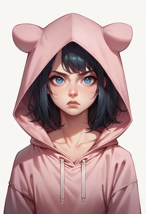 1girl, upper body, medium hair, straight hair with bangs, shiny straight black hair, blue eyes, pink hoodie with a front pocket, oversized fit, hood down, white background, questioning expression, detailed lips with a slight pout
