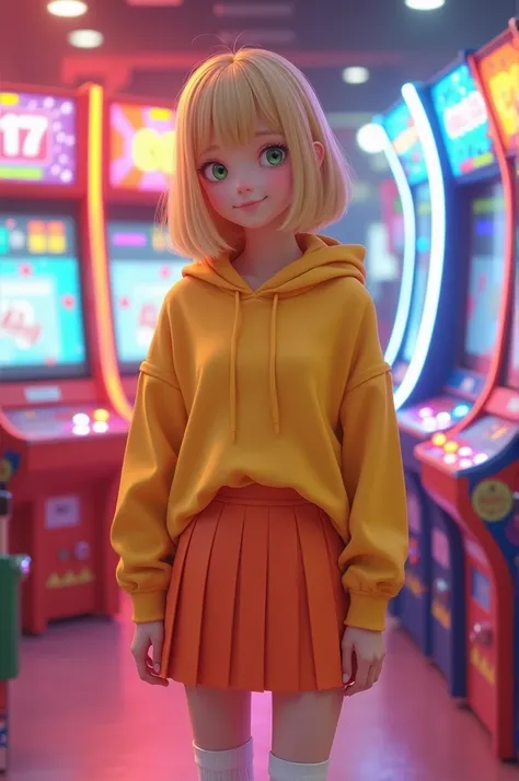  A blonde girl with green eyes ,  short hair straight and silky ,  She wears a yellow hoodie , orange pleated skirt ,  white socks and pink converse socks. Shes in an arcade room .