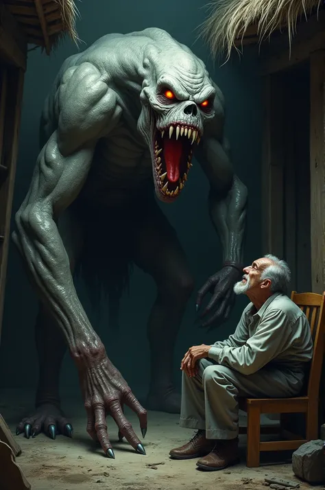 a terrible monster, begging the blind old man, in the small cottage, the monster seems hopeless while begging