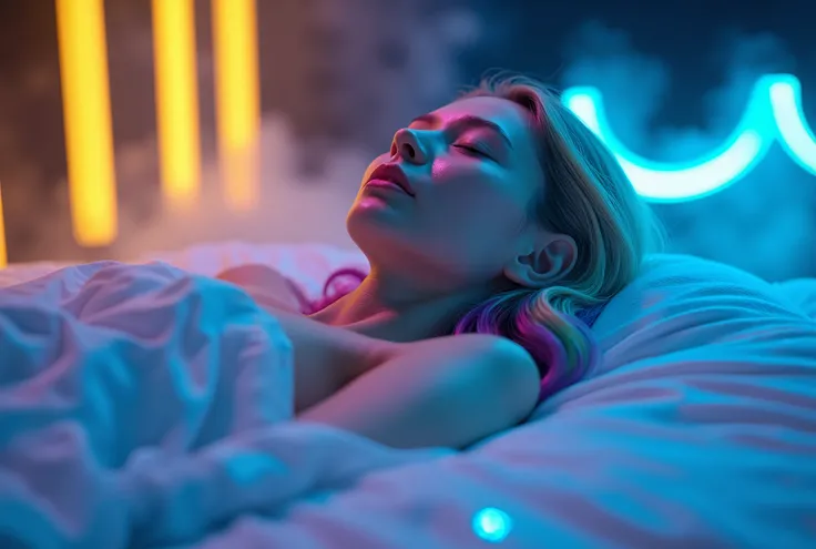 future, dreamy, closed eyes, sleeping, peaceful expression, rainbow hair, yellow, green, blue, purple, white clothing, smooth fabric, glowing elements, blue, pink, neon light effect, fine skin texture, soft glow, dark background, vertical neon strips, yell...