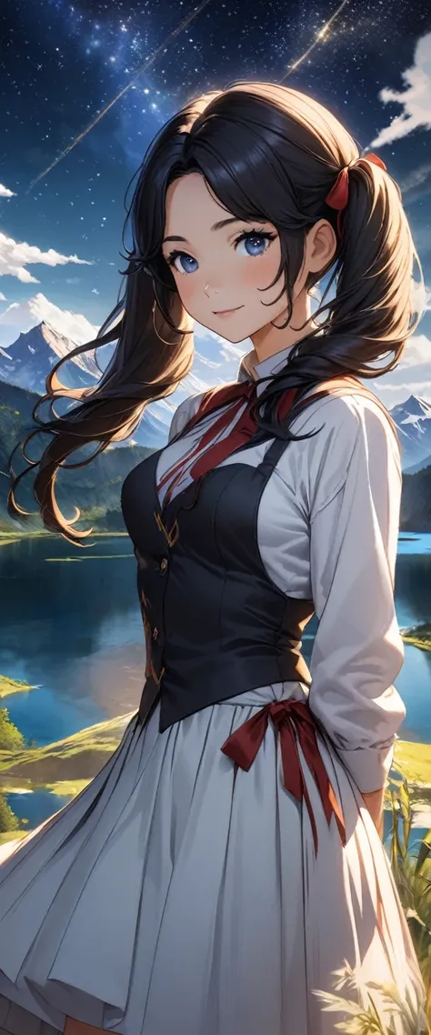 (1 person,  cute young woman, Age 15, medium bust , Black Hair,  twin tails、Big red ribbon),Starry sky with mountains and lake, Jessica Rosier, Inspired by Jessica Rosier, Jessica Rosier Fantasy Art, Magical highlights of concept art,  Official Artwork , D...