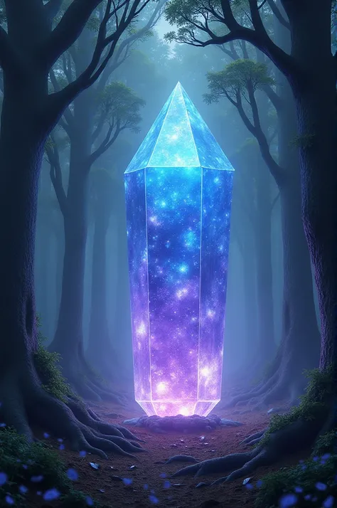 A large dark and magical forest with a moon crystal in the middle of the forest, The crystal has a mix of purple colors , light blue, dark blue and white 