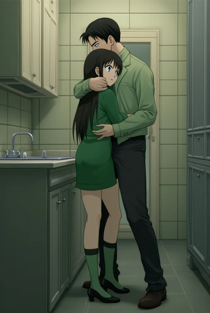 {{{mouri ran}}},{{{Detective Conan}}},{{{long hair}}},{{{official style}}},{{{adult}}},green dress,one-piece dress,turtleneck,green miniskirt, {light green cropped jacket},{light green cropped jacket},green socks,sink,laundry,kitchen,open,back view of lean...