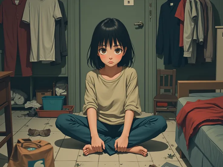 The painting is 2D anime ， home background ，There are a lot of clothes，There is furniture ， and a small amount of debris ， The scene is a bit messy ，It looks like a mother half-heartbroken.