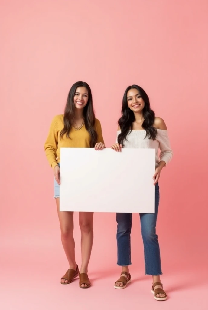 Two Brazilian women holding a blank sign. Light pink background.