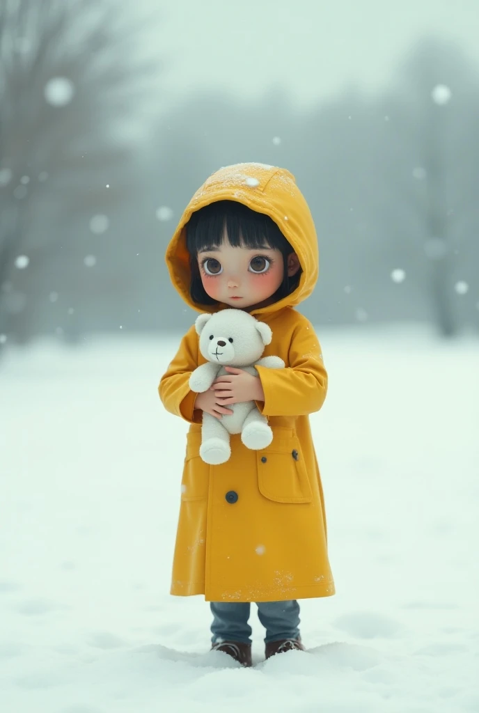  dressed in yellow raincoat crying with her white teddy bear in the snow 