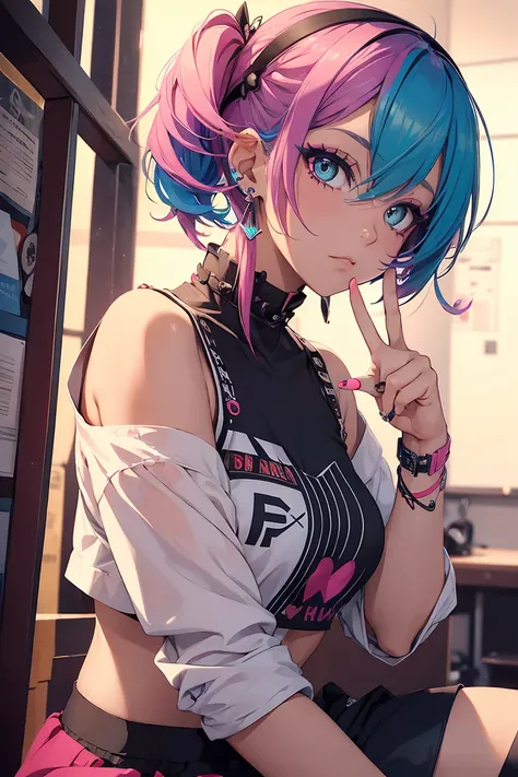 ((Girl 1人)), Latest Fashion Trends, (cute), ((( peace sign))),( low angle shot), sit,  lots of earrings, Punk Makeup, (  hair accessories ),(green),  Brightly colored clothes , Red and blue hair,  short bob,  ponytails, Diagonally cut bangs, Rebellious,   ...