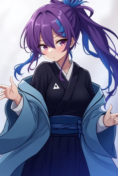 Attractive game girl with purple long hair 、 
Turn a section of the side of the bangs blue.　
 blue highlights on the side of her bangs 　Part of the bangs is blue　　 blue kimono with white triangular pattern on the cuffs　Light blue coat
black hakama and kimo...