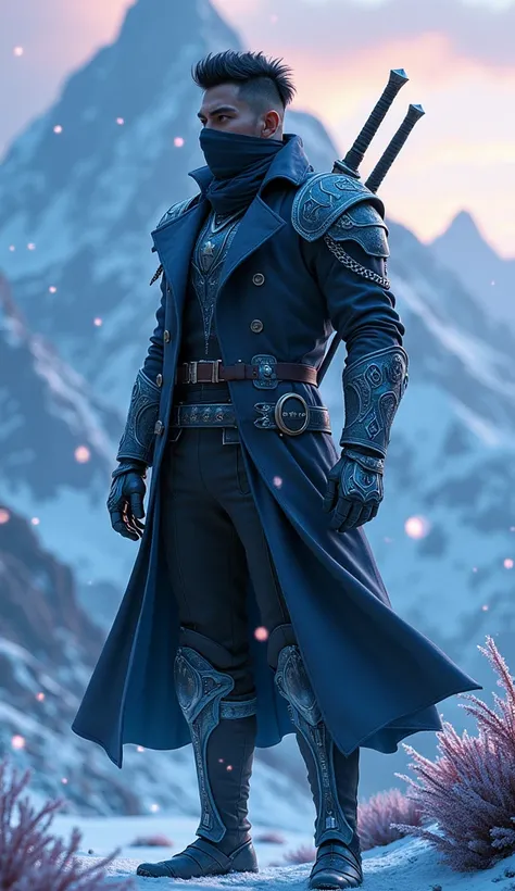 A heroic male figure looking to the side with short black hair shaved on the sides stands confidently in a open dark trench coat with bold icy-blue accents and intricate metallic armor on gloves and shoulders, wearing a bandana-style mask covering the lowe...