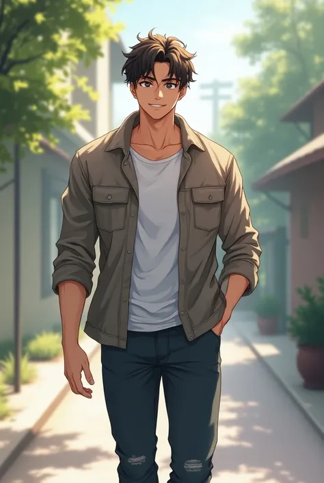 (anime style, art, masterpiece:1.3), (1boy:1.8), (tight casual outfit:1.9) is walking outdoors, looking aside, (bulge:1.3), (eyelashes), (thigh_gap), (athletic_muscular:1.4), (pectorals), (wide_chest, wide_shoulders), (narrow_waist), (thick_thighs:1.5), (h...