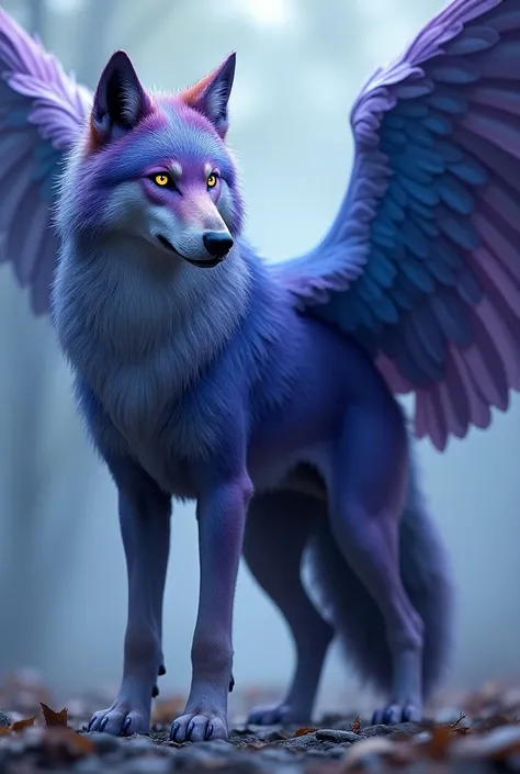 The winged wolf with the one mixed purple, light blue, dark blue and white