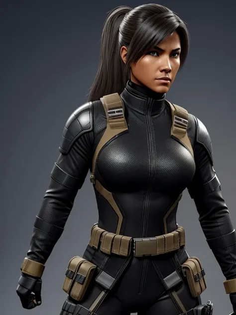 Create a female soldier, she specializes in close combat, stealth and agile tactics. Shes Navajo, shes 27-years-old, has tan-bronze skin, amber colored irises and her hair is black and short. She wears a tight gray bodysuit, black bulletproof vest, black g...