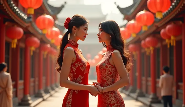 (best quality: 1.4), (Ultra Highres: 1.2), (photorealistic: 1.4), (8k, RAW photo: 1.2). Create an image of a traditional Asian Lunar New Year scene, featuring two beautiful, sexy European women in the picture.
