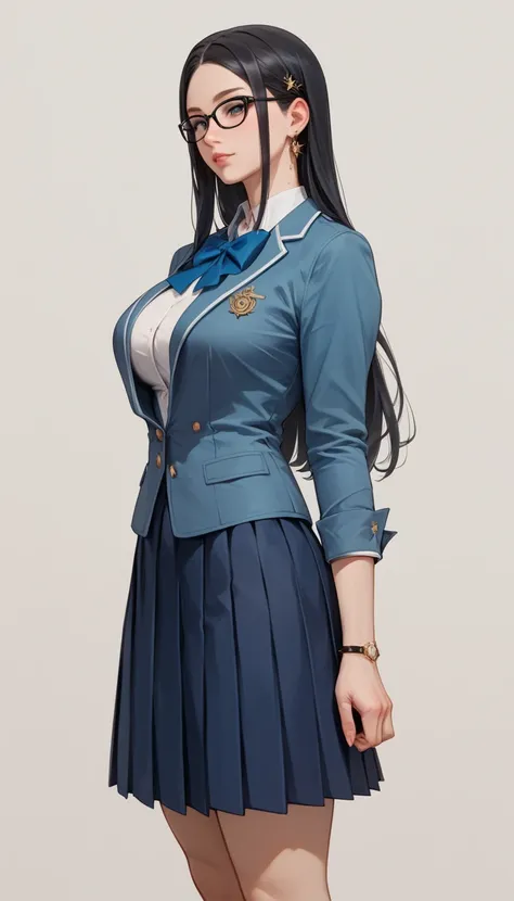 Izayoi Seishin artstyle, (score_9, score_8_up, score_7_up), (best quality, masterpiece),perfect anatomy,(aesthetic,very aesthetic),official style, (ultra-high resolution), 1girl, long black hair, big breasts, black glasses, blue school uniform, standing, p...