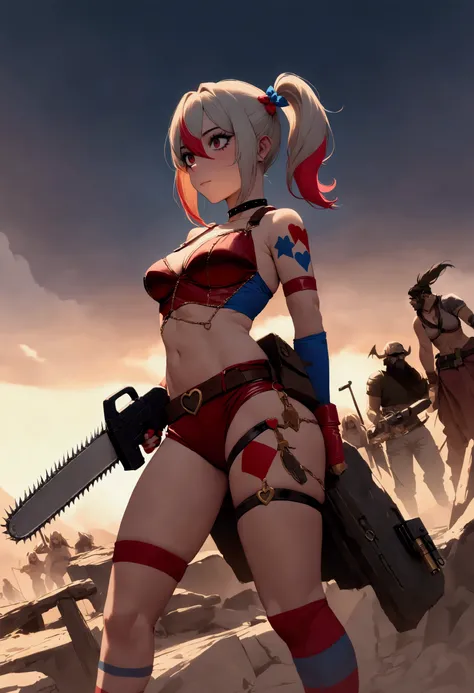 a cute woman {role of Harley Quinn, wasteland sexy armor with badly drawn on hearts and messages, chainsaw, pistol) is in a post apocalypse world, she is raiding along side a tribe of orcs (savages painted like the Joker and wielding big scary weapons. Rai...