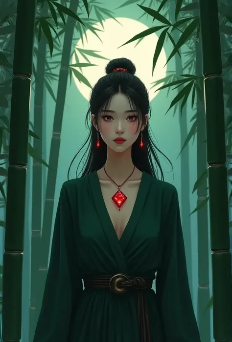 Woman wearing a ruby necklace on her chest，Dark green long-sleeved shirt，Dark green dress for girls，High ponytail，in bamboo forest，themoon