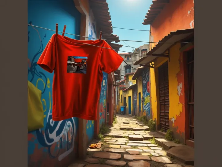  Swinging shirt, wind, Theres a red shirt hanging on a clothesline in an alley, location ( favela _ wall ), location ( favela ), an opulent favela environment, favela, futuristic favela, ancient ruins favela, a t-shirt. until ,  Rio de Janeiro favela , Str...