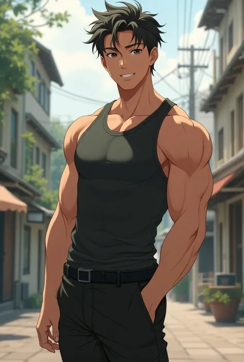 (anime style, art, masterpiece:1.3), (1boy:1.8), (tight casual outfit:1.9) is walking outdoors, looking aside, (bulge:1.3), (eyelashes), (thigh_gap), (athletic_muscular:1.4), (pectorals), (wide_chest, wide_shoulders), (narrow_waist:1.7), (thick_thighs:1.5)...