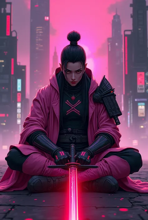 ((Best Quality)), ((masterpiece)), (  Details), A pink and black cyberpunk samurai sitting cross-legged, with a red-glowing swords in front. The cyberpunk landscape adds a futuristic touch to the assassin character. cyberpunk anime art 