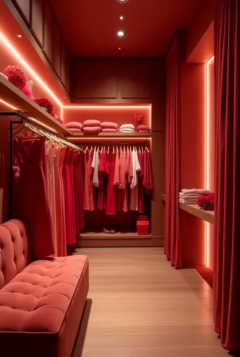 change this theme into cloth changing remove from women perspective. The color should be combination of red and pink .also dont add any person there . Make this like a shop where there is a cloth changing room