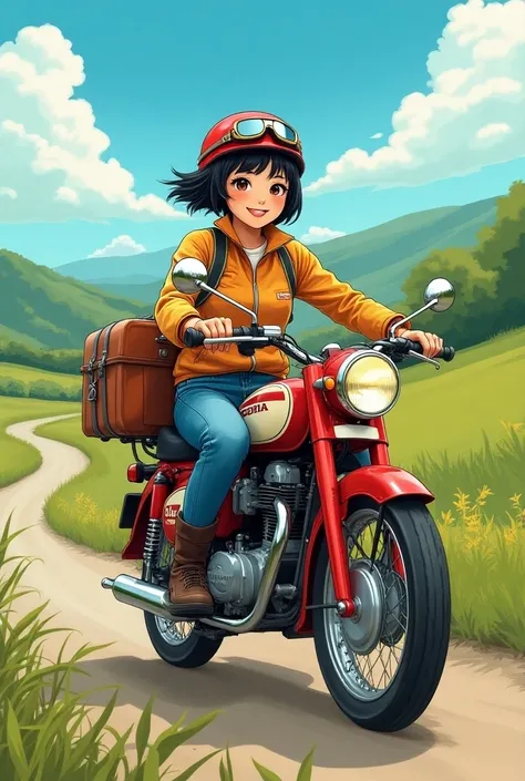 (( best quality)),smileで黒髪ショートカットの美しく可愛い日本人女性,  helmet 、goggles、gloves、jeans、 boots、Riding a loaded Super Cub.。 Countryside、 Hi-Res,smile, far and near method, masterpiece, Accurate,  best quality, American style poster ,  pop art