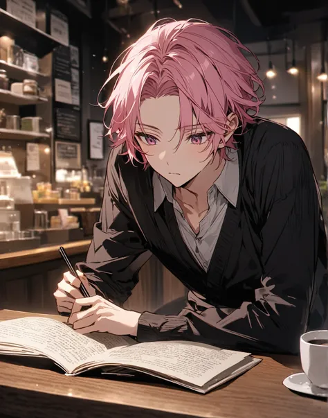  handsome, Alone, 1 person,   pink hair that sticks out your forehead , ((暗いピンクの小さなhairの毛)), ((Dark pink eyes)), 1 person,  handsome, male,  short hair,  Details, ボサボサのhair,  hair, Black high-necked innerwear、 cardigan from the front door、Cool look、 sittin...