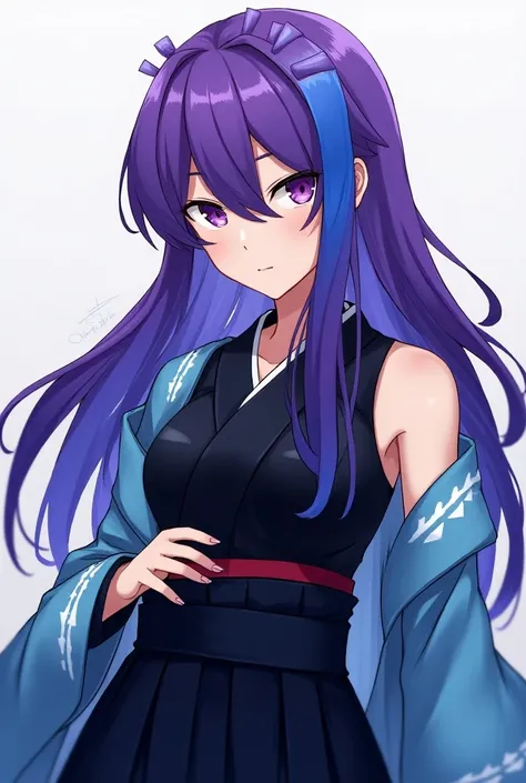 Attractive game girl with purple long hair 、 
Turn a section of the side of the bangs blue.　
 blue highlights on the side of her bangs 　Part of the bangs is blue　　 blue kimono with white triangular pattern on the cuffs　Light blue coat
black hakama and kimo...