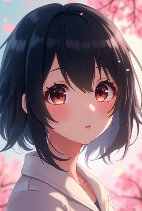 Make a girl with black hair and bangs, In anime format 