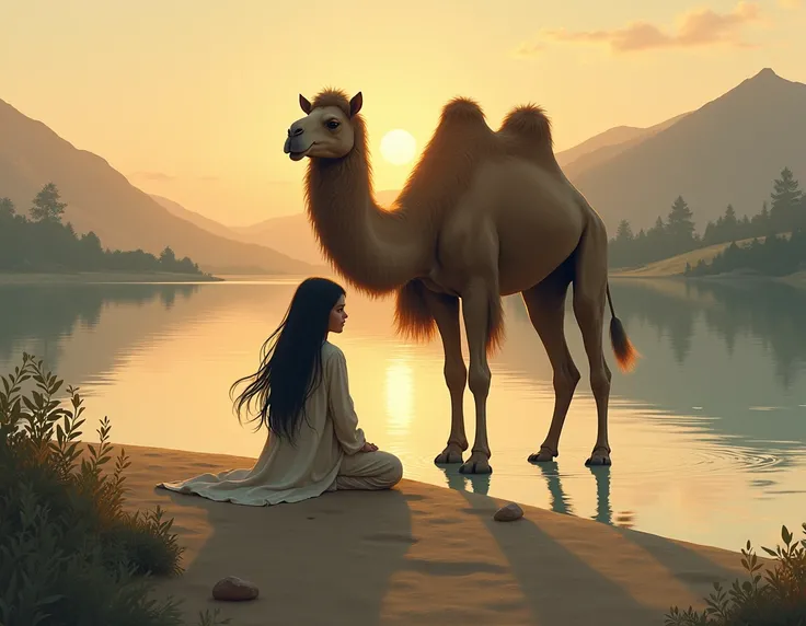 a  girl with white skin and brown camel sitting on the shore of a lake at dusk