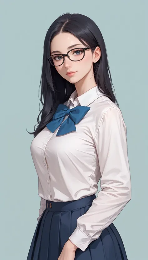 Izayoi Seishin artstyle, (score_9, score_8_up, score_7_up), (best quality, masterpiece),perfect anatomy,(aesthetic,very aesthetic),official style, (ultra-high resolution), 1girl, long black hair, medium breasts, black glasses, blue school uniform, standing...