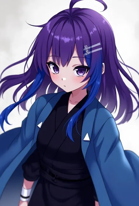 Attractive game girl with purple long hair 、 
Turn a section of the side of the bangs blue.　
 blue highlights on the side of her bangs 　Part of the bangs is blue　　 blue kimono with white triangular pattern on the cuffs　Light blue coat
black hakama and kimo...