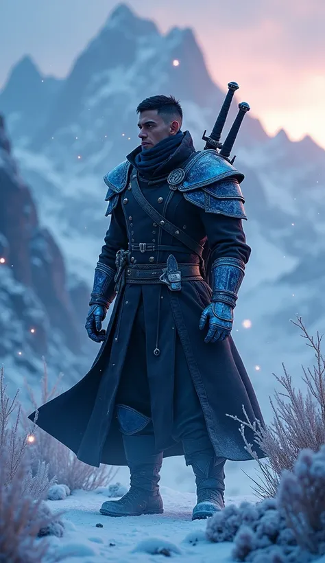 A heroic male figure looking to the side with short black hair shaved on the sides stands confidently in a open dark trench coat with bold icy-blue accents and intricate metallic armor on gloves and shoulders, wearing a bandana-style mask covering the lowe...