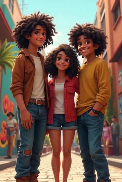  Create an image of three 17-year-old Mexicans ,  two of them are tall and the other medium one of them is medium one of the tall ones is brown, all three of them have curly hair 