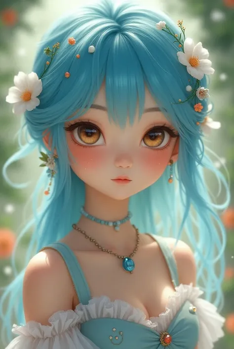 Cute girl with blue hair and light brown eyes with a  wearing a beautiful dress with knick-knacks on her dress 