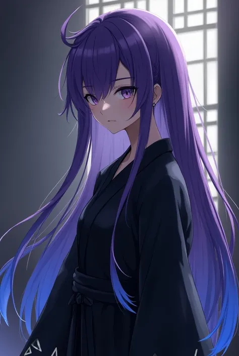 Attractive game girl with purple long hair 、 
Turn a section of the side of the bangs blue.　
 blue highlights on the side of her bangs 　Part of the bangs is blue　　 blue kimono with white triangular pattern on the cuffs　Light blue coat
black hakama and kimo...