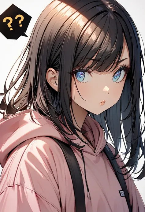 1girl, upper body, medium hair, straight hair with bangs, shiny straight black hair, blue eyes, pink hoodie with a front pocket, oversized fit, hood down, white background, questioning expression, detailed lips with a slight pout
