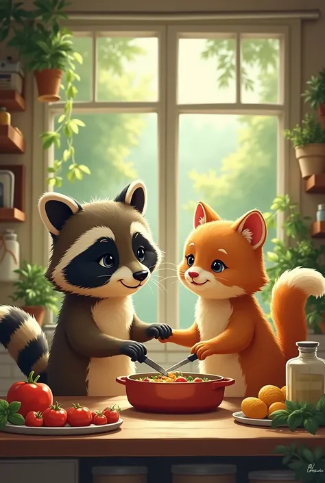 A story of a raccoon and cat in love making a life together cooking