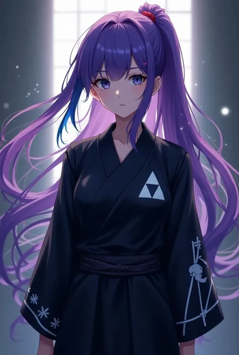 Attractive game girl with purple long hair 、 
Turn a section of the side of the bangs blue.　
 blue highlights on the side of her bangs 　Part of the bangs is blue　　 blue kimono with white triangular pattern on the cuffs　Light blue coat
black hakama and kimo...