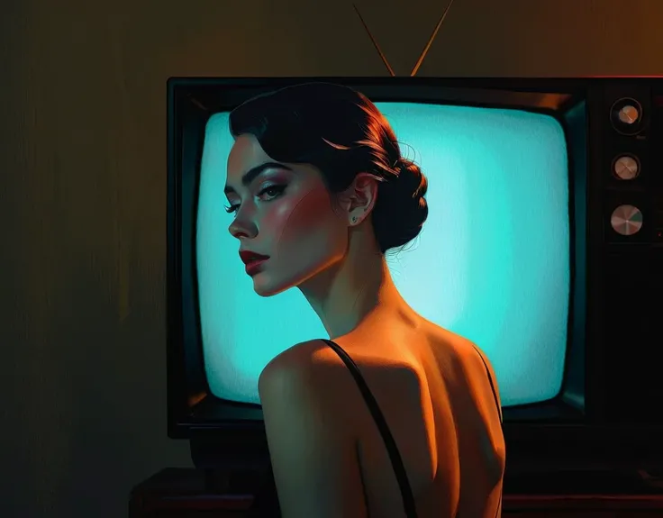 chiaroscuro technique on sensual illustration of an elegant woman, analog tape, vcr aesthetics, tv, television color, eerie, matte painting, by Hannah Dale, by Harumi Hironaka, extremely soft colors, vibrant, highly detailed, digital artwork, high contrast...