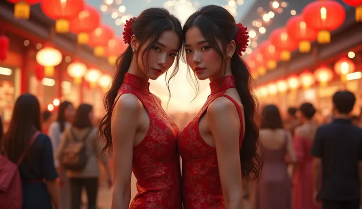 Two stunning young women in revealing traditional Chinese qipao, standing in a vibrant, crowded Chinese New Year street market. The women are posing sensually, with confident expressions. The background is filled with bright red lanterns, fireworks, and ex...