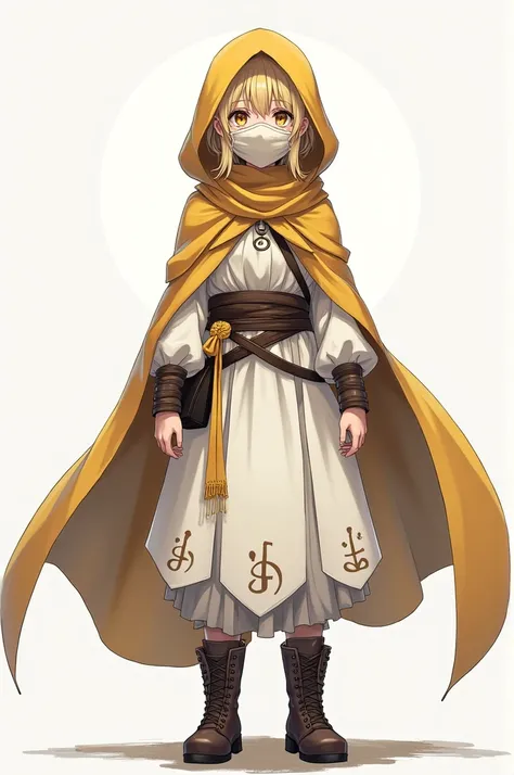 Girl of 14 there , blonde,  putting on a mask that covers her entire face including her eyes,  that has a rune drawn ,  a hood on her head ,  a layer that reaches her waist in white with gold ,  a travel outfit with touches of armor on her breasts and arms...