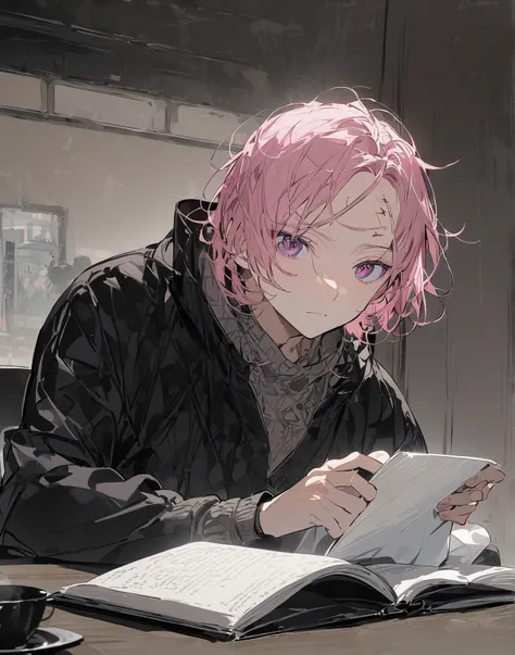  handsome, Alone, 1 person,   pink hair that sticks out your forehead , ((暗いピンクの小さなhairの毛)), ((Dark pink eyes)), 1 person,  handsome, male,  short hair,  Details, ボサボサのhair,  hair, Black high-necked innerwear、 cardigan from the front door、Cool look、 sittin...