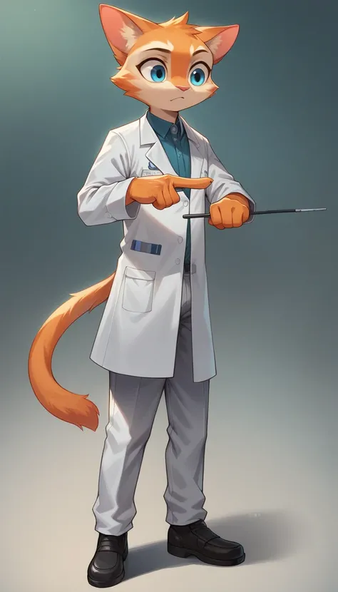 " High-quality 3D rendering of an anthropomorphic orange cat with expressive blue eyes , wearing clothes, trousers, shoes of a scientist ,  speaking in front of a scientist class ,  holding a pointing stick against the background of a scientist class compl...