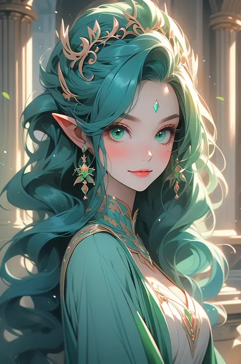 1gir, petite elven princess, blush, red lipstic, cyan hair, green eyes, shy, looking at viewer, marble hall, blue dress, evil smirk, evil smile, evil