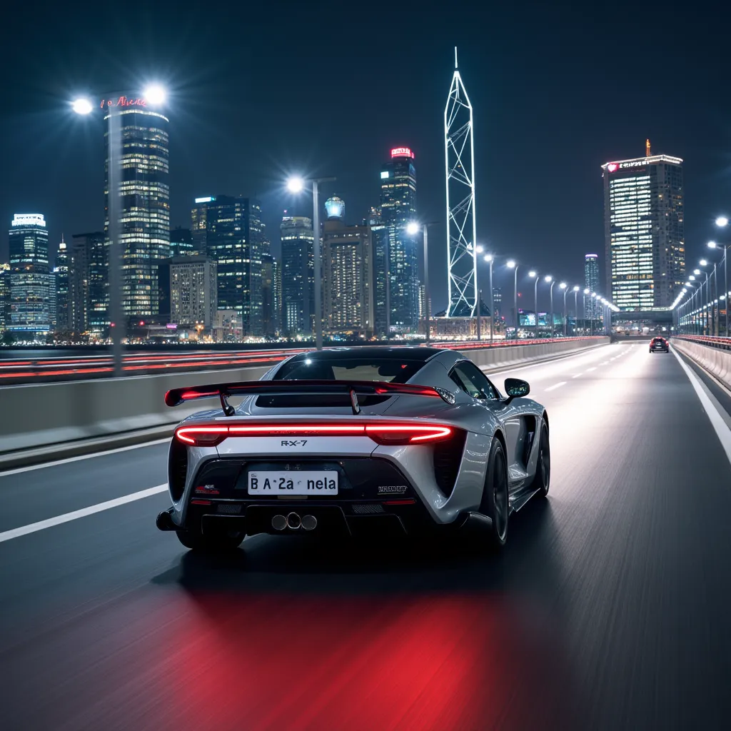 mazda rx-7,  silver metallic color, night city ride , tail lamp afterimage, 女性が操縦する,  central freeway piloted by a woman ,