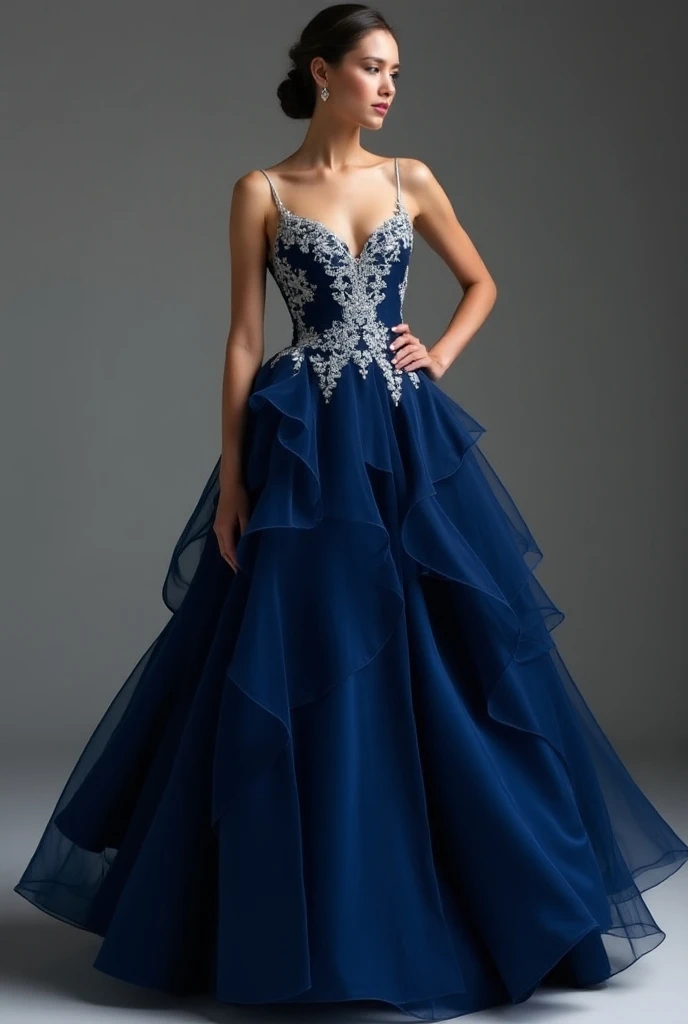 The dress is an intense and deep blue,  with a fitted bodice trimmed with delicate white lace .  A ruffled skirt widens from the waist and falls just below the middle of the calf