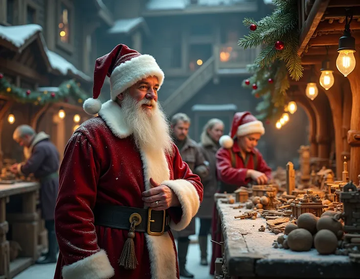 Santa claus workshop at the north pole with many small elves working making toys for christmas.  Cinematic realistic photography