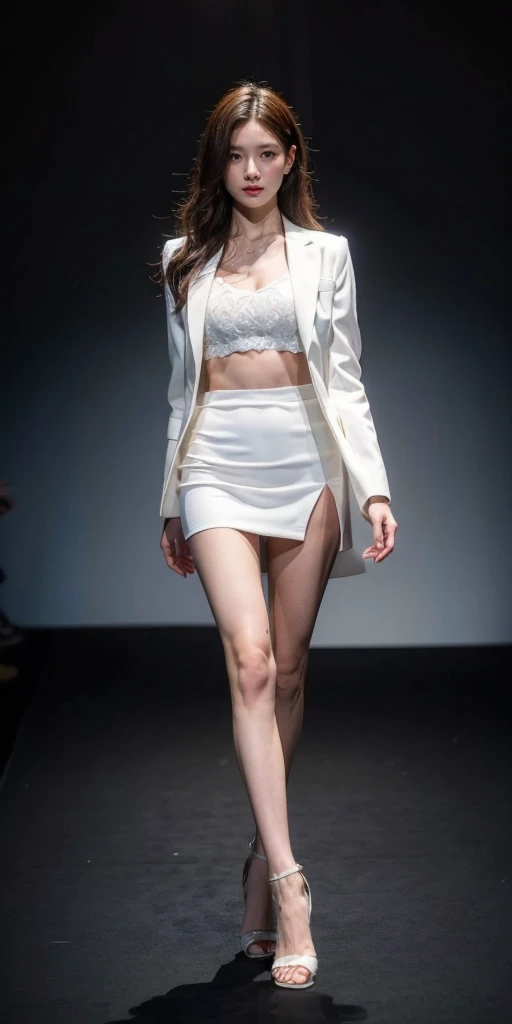 A woman in a white dress and jacket walking down a runway, white silky outfit, smooth white tight clothes suit, short skirt and a long jacket, korean womens fashion model, woman model, wearing white skirt, fashion model, high fashion model, minimal bodycon...