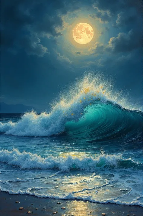 impressionism, moonlight, sea, wave, gold light